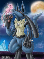 ambiguous_gender anthro aura blue_body blue_fur canid canine closed_eyes cloud collaboration dreke duo fur generation_1_pokemon generation_4_pokemon legendary_pokemon lucario mammal mew_(pokemon) moon night nintendo open_mouth outside pawpads paws pink_body pink_fur pokemon pokemon_(species) raised_tail red_eyes sakura11 size_difference tail