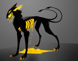 2_tails abstract_background acid acid_saliva ambiguous_gender bodily_fluids bone canid canine claws demon drooling feral fur glowing glowing_eyes lava mammal monster mr-kendalldogsr multi_tail open_mouth saliva simple_background skeleton solo tail yellow_eyes