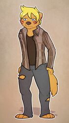 2014 anthro blonde_hair blue_eyes brown_body brown_fur dominate_(artist) facial_markings fur hair head_markings herpestid male mammal markings mongoose seth_h&auml;ser solo