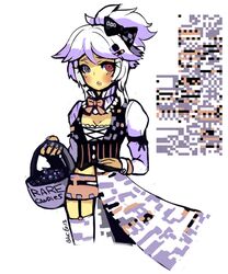 5:6 alternate_species artificial_intelligence breasts candy cleavage clothed clothing dessert digital_creature female food glitch glitch_creature glitch_pokemon hair heterochromia human humanized mammal missingno. nintendo pokemon pokemon_(species) ponytail solo unknown_artist white_hair