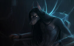 anthro biped black_nose black_sclera bondage_chair bondage_furniture bound cable canid canine canis chair clothed clothing cuff_(restraint) dark_theme darkness detailed digital_media_(artwork) domestic_dog energy front_view fur furniture glowing glowing_eyes grey_body grey_fur hair half-length_portrait inside long_hair looking_at_viewer male mammal muscular muscular_anthro muscular_male nude orphen-sirius pecs portrait restraints scientific_experiment shackles sitting solo three-quarter_view topless white_eyes