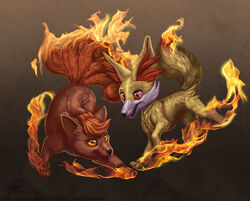 2014 ambiguous_gender canid canine duo eosfoxx fennekin feral fire generation_1_pokemon generation_6_pokemon mammal multi_tail nintendo pokemon pokemon_(species) tail vulpix