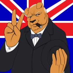 anthro bulldog canid canine canis cigar clothing domestic_dog droll3 gentleman gesture hand_gesture hat headgear headwear hi_res looking_at_viewer male mammal mastiff molosser smoking solo union_jack v_sign winston_churchill