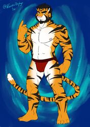 2014 anthro barefoot beard biped black_hair blue_eyes claws clothed clothing facial_hair feet felid hair hi_res jockstrap kousen male mammal nipples pantherine pink_nose solo standing tiger toe_claws topless underwear