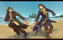 agentwhitehawk anthro canid canine canis disney dueling duo hi_res james_norrington male mammal melee_weapon pirates_of_the_caribbean ship sword vehicle watercraft weapon will_turner wolf