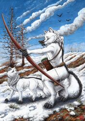 aiming anthro archery arctic_fox arrow_(weapon) avian black_body black_fur black_nose bottomwear bow_(weapon) canid canine clothed clothing cloud countershading digitigrade duo eye_contact feet feral fingerless_(marking) fox fur grey_body grey_fur holding_object holding_weapon kirsch kneeling loincloth looking_at_another male mammal nude on_one_knee plant quiver_(object) ranged_weapon sky snow standing toeless_(marking) topless traditional_media_(artwork) tree true_fox weapon white_body white_fur winter