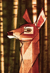 2014 abstract_art ambiguous_gender bust_portrait cubism deer digital_media_(artwork) digital_painting_(artwork) feral forest frown long_neck looking_at_viewer mammal orange_eyes outside plant portrait red_body side_view skia solo tree warm_colors