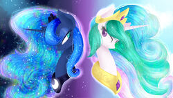 2014 7:4 absurd_res alice4444dm blue_body blue_eyes blue_fur blue_hair crown duo equid equine female friendship_is_magic fur hair hasbro headgear hi_res horn mammal multicolored_hair my_little_pony mythological_creature mythological_equine mythology princess_celestia_(mlp) princess_luna_(mlp) purple_eyes royalty smile star unicorn white_body white_fur