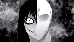 black_hair creepy creepypasta disfigured duo hair headshot_portrait human jeff_the_killer looking_at_viewer male mammal not_furry portrait scar slenderman stare unknown_artist