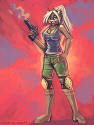 2014 3:4 anthro blonde_hair combatraccoon cougar felid feline female gun hair handgun hi_res mammal pistol ranged_weapon solo weapon