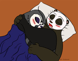 anthro avian beak bear bedding biped bird black_nose blanket blush caluriri claws closed_eyes cuddling digital_media_(artwork) dreamworks duo eyeshadow facial_markings female fenghuang_(kung_fu_panda) feral giant_panda grey_beak grey_body grey_claws grey_skin half-length_portrait head_markings hug kung_fu_panda lying makeup male mammal markings on_back on_side open_mouth orange_background owl pillow portrait romantic romantic_couple round_ears signature simple_background sleeping three-quarter_view warm_colors wings