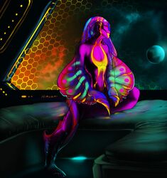 alien aliena-cordis colorful_theme humanoid iridescent iridescent_body jovian male moon neon rainbow red_eyes science_fiction sitting solo space