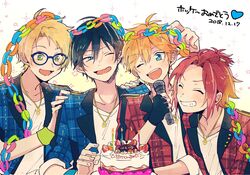  4boys akehoshi_subaru black_hair blonde_hair blue_eyes cake closed_eyes commentary ensemble_stars! food green_eyes grin hidaka_hokuto highres isara_mao jacket male_focus mitobinyo multiple_boys one_eye_closed orange_hair plaid plaid_jacket short_hair smile trickstar_(ensemble_stars!) yuuki_makoto_(ensemble_stars!) 