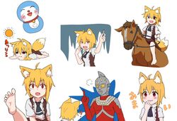  1boy ahoge animal_ear_fluff animal_ears asymmetrical_hair barefoot black_necktie blonde_hair bodysuit breasts brown_skirt brown_vest collared_shirt commentary_request cookie_(touhou) crossover doraemon doraemon_(character) feet female fox_ears fox_girl fox_tail glowing glowing_eyes headgear helmet highres horse horseback_riding looking_at_another mask medium_hair melting miramikaru_riran multiple_crossover necktie oerba_yun_fang open_mouth red_bodysuit red_eyes riding shirt short_sleeves sidelocks skirt small_breasts soles tail ultraseven ultraseven_(series) upper_body vest white_background white_shirt yan_pai 