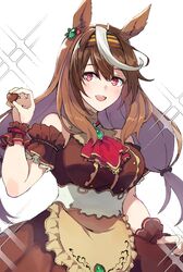  animal_ears apron arm_garter ascot bare_shoulders blush breasts brown_dress brown_hair candy chocolate cosplay dress female food hairband hand_up heart heart-shaped_chocolate highres holding holding_chocolate holding_food horse_ears kusanagi_kaoru large_breasts long_hair looking_at_viewer mihono_bourbon_(code:glassage)_(umamusume) mihono_bourbon_(umamusume) mihono_bourbon_(umamusume)_(cosplay) multicolored_hair open_mouth red_ascot red_eyes skirt_hold sleeveless sleeveless_dress smile solo sparkle streaked_hair symboli_rudolf_(umamusume) teeth umamusume upper_body upper_teeth_only waist_apron wrist_cuffs 