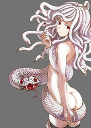  albino ass bad_id bad_pixiv_id black_thighhighs commentary_request fangs female kuchinawa kuronuko_neero long_hair looking_at_viewer looking_back monogatari_(series) monster_girl nude red_eyes sengoku_nadeko simple_background snake snake_hair solo thighhighs white_snake white_theme 