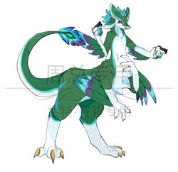  2023 3_fingers 3_toes 4_arms 4_ears apple2338 avali avali_taur avian avian_taur biped biped_taur blue_feather_hair blue_hair chinese_text claws colored_nails countershading dark_sclera digitigrade feathers feet fingers green_body green_feathers gun hair hi_res holding_object holding_weapon humanoid_hands male multi_arm multi_ear multi_limb nails nude_male nude_taur ranged_weapon simple_background solo tail tail_feathers taur text toes watermark weapon white_background white_body white_countershading white_eyes winged_arms wings yellow_claws yellow_nails 