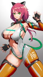  animal_ears breasts commission commissioner_upload facial_tattoo female gloves green_eyes highres hiragana_oufu leotard linmei_quan looking_at_viewer original red_hair scar scar_across_eye scar_on_face skeb_commission solo tail tattoo thigh_strap 