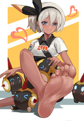  absurdres barefoot bea_(pokemon) blonde_hair dark-skinned_female dark_skin falinks feet female foot_focus grey_eyes hair_between_eyes hairband he_c92 highres pokemon pokemon_swsh simple_background smile soles toes 