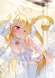  ahoge bare_shoulders bell blonde_hair breasts cat_tail chinese_commentary cleavage collarbone commentary_request dress feline female gloves hair_between_eyes hair_ornament heart heart_ahoge highres long_hair medium_breasts niliu_chahui one_eye_closed original photoshop_(medium) qys3 red_eyes ribbon solo tail tail_ornament tail_ribbon thighhighs tokisaki_asaba_(niliu_chahui) very_long_hair wavy_mouth white_dress white_gloves white_ribbon white_thighhighs 