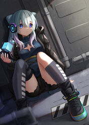  absurdres black_shorts blue_dress blue_eyes blue_hair breasts cleavage cube dress female frilled_shorts frills headphones highres jacket monster_strike neo_(monster_strike) short_shorts shorts shorts_under_dress single_thighhigh sitting solo thighhighs thighs tsuseki upskirt 