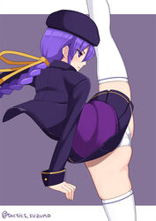  braid cabbie_hat commentary_request eltnum_(under_night_in-birth) female flexible from_side hair_ribbon hat jacket kicking leg_up long_braid long_hair long_sleeves panties parted_lips purple_eyes purple_hair purple_hat purple_jacket purple_skirt purple_vest ribbon single_braid sion_eltnam_atlasia skirt solo suzuna_(najaran) thighhighs under_night_in-birth underwear vest white_panties white_thighhighs yellow_ribbon zettai_ryouiki 