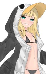  animal_hood atsumisu bad_id bad_pixiv_id bikini bikini_under_clothes black_choker black_jacket blonde_hair blush breasts choker collarbone cosplay fate/grand_order fate_(series) female green_eyes grey_bikini grin groin hood hood_up hooded_jacket jacket long_hair looking_at_viewer lord_el-melloi_ii_case_files meltryllis_(fate) meltryllis_(swimsuit_lancer)_(fate) meltryllis_(swimsuit_lancer)_(fate)_(cosplay) meltryllis_(swimsuit_lancer)_(first_ascension)_(fate) navel open_clothes open_jacket penguin_hood reines_el-melloi_archisorte simple_background small_breasts smile solo swimsuit white_background 