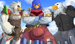  2020 absurd_res accipitrid accipitriform animal_crossing anthro apollo_(animal_crossing) avian bald_eagle bird blue_body blue_fur bottomwear breath_of_the_wild building bulge canid canine city clothing cloud eagle falco_lombardi fur hi_res jacket looming looming_over macro male mammal mayar nintendo pants rito sea_eagle sky star_fox teba_(tloz) the_legend_of_zelda topwear white_body white_fur 