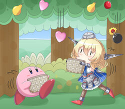  bad_id bad_twitter_id basket blonde_hair blue_eyes bomb bright_pupils bush capelet chibi colorado_(kancolle) crossover explosive female flying_sweatdrops food fruit garrison_cap hat headgear heart kantai_collection kirby kirby_(series) kirby_64 necktie pear riretsuto short_hair skirt tree 