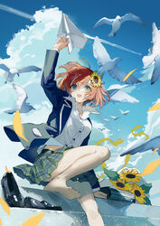  ahoge aircraft airplane arm_up bare_legs barefoot bird black_footwear blazer blue_jacket blue_sky breasts cloud cloudy_sky collared_shirt commentary contrail day dress_shirt feet female floating_hair flower foot_out_of_frame green_eyes green_skirt hair_between_eyes hair_flower hair_ornament highres holding_paper_airplane honma_himawari honma_himawari_(1st_costume) jacket loafers long_sleeves looking_up lowro_(en) medium_breasts miniskirt nijisanji open_clothes open_jacket open_mouth orange_hair outdoors paper_airplane plaid plaid_skirt pleated_skirt ribbon shirt shoes short_hair skirt sky smile soles solo sunflower sunflower_hair_ornament toes uniform unworn_shoes virtual_youtuber white_shirt wind wind_lift yellow_ribbon 