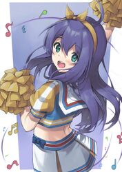  :o absurdres blush cheerleader crop_top female green_eyes hairband highres holding holding_pom_poms idolmaster idolmaster_million_live! looking_at_viewer looking_back mochizuki_anna musical_note musical_note_print outstretched_arm pom_pom_(cheerleading) puffy_short_sleeves puffy_sleeves purple_hair round_teeth semi_colon short_sleeves solo teeth yellow_hairband 