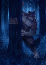  2020 anthro blue_eyes canid canine canis digital_media_(artwork) digital_painting_(artwork) forest full-length_portrait hi_res hiding male mammal mythological_canine mythological_creature mythology night outside plant portrait racoonwolf rakan scar sign solo tree were werecanid werecanine werewolf wolf 