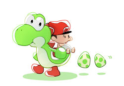  baby baby_mario den255 duo egg green_yoshi human low_res male mammal mario mario_bros nintendo simple_background walking white_background yoshi yoshi&#039;s_island young 