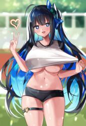  ahoge bad_id bad_pixiv_id black_buruma black_hair blue_eyes blue_hair blunt_bangs blurry blurry_background blush breasts buruma clothes_pull colored_inner_hair cowboy_shot curvy female heart heart-shaped_pupils highres huge_breasts kamchrome long_hair looking_at_viewer midriff multicolored_hair navel one_side_up open_mouth original outdoors raglan_sleeves shiny_skin shirt shirt_pull sidelocks smile solo standing symbol-shaped_pupils thick_thighs thigh_strap thighs track_and_field two-tone_hair underboob v very_long_hair white_shirt 