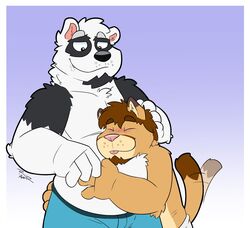  2019 anthro bear belly black_body black_fur blush bodily_fluids canid canine canis closed_eyes clothing cute_fangs drooling duo felid feline fur giant_panda hi_res hug hybrid male mammal overweight overweight_male saliva simple_background thepandobo tongue tongue_out underwear white_body white_fur wolf 