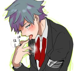  1boy blue_eyes blush commentary_request drooling formal jewelry loose_necktie male_focus necktie pokemon pokemon_rse ring short_hair solo steven_stone suit tongue tongue_out ume-bayashi 