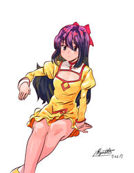  agent_aika aika_(series) bow breasts cleavage_cutout closed_mouth clothing_cutout crossed_legs dated delmogeny_uniform dress female golden_delmo hairbow highres invisible_chair juliet_sleeves light_blush long_sleeves looking_at_viewer medium_breasts puffy_sleeves purple_eyes purple_hair red_bow rie_petoriyacowa ryusei_hashida shoes signature simple_background sitting smile solo white_background yellow_dress yellow_footwear 