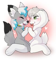  anthro belovedfoxx blep blush boop canid canine canis closed_eyes dante_kinkade duo hand_holding happy heart_symbol hi_res kneeling lagomorph leporid male male/male mammal nose_boop rabbit tongue tongue_out wolf zack_(thezackrabbit) 