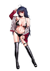  absurdres adjusting_eyewear ahoge asymmetrical_legwear azur_lane bikini black_bikini black_choker black_footwear black_hair black_thighhighs boots breasts bridal_garter choker cleavage collarbone eyewear_on_head female full_body highres huge_breasts jacket long_hair midriff navel off_shoulder official_alternate_costume open_clothes open_jacket pink_lips race_queen red_eyes red_jacket simple_background single_bare_shoulder solo standing swimsuit taihou_(azur_lane) taihou_(enraptured_companion)_(azur_lane) thigh_boots thigh_strap thighhighs tierla uneven_legwear very_long_hair white_background 