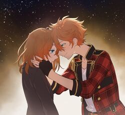  1boy akehoshi_subaru anzu_(ensemble_stars!) blue_eyes brown_hair business_suit commentary ensemble_stars! epaulettes eye_contact female fingerless_gloves formal gloves highres jacket long_hair long_sleeves looking_at_another office_lady orange_hair plaid plaid_jacket short_hair smile star_(sky) suit sumibiya_yasain 