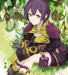  bernadetta_von_varley closed_mouth commentary earrings female fire_emblem fire_emblem:_three_houses gloves grey_eyes jewelry long_sleeves mikami pitcher_plant plant pouch purple_hair sitting solo thigh_pouch venus_flytrap yellow_gloves 