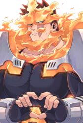  1boy armor beard blue_bodysuit blue_eyes bodysuit boku_no_hero_academia closed_mouth collarbone commentary_request endeavor_(boku_no_hero_academia) facial_hair facing_viewer fingerless_gloves fingernails fire furrowed_brow gloves heart heart_hands large_pectorals looking_away looking_to_the_side male_focus miso_(mimimiso) muscular muscular_male pauldrons pectorals red_hair scar scar_across_eye scar_on_face short_hair shoulder_armor sideburns simple_background solo spiked_hair superhero_costume sweatdrop upper_body vambraces white_background 