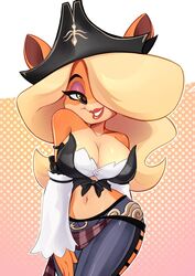  blonde_hair breasts cleavage commission cosplay crash_(series) crop_top detached_sleeves female furry furry_female green_eyes hair_over_one_eye hat highres large_breasts league_of_legends long_hair looking_at_viewer magaska midriff miss_fortune_(league_of_legends) miss_fortune_(league_of_legends)_(cosplay) pants pirate_hat red_lips solo tawna_bandicoot 