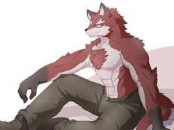  abs anthro body_hair canid canine chest_hair chest_tuft clothed clothing diederich_olsen fur hi_res kanato17580 knights_college male mammal nipples partially_clothed red_body red_fur sitting solo teacher topless topless_anthro topless_male tuft 