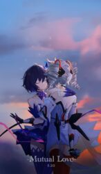  2girls absurdres bare_shoulders bird black_gloves blue_hair blue_sky bronya_zaychik bronya_zaychik_(drive_kometa) bronya_zaychik_(yamabuki_armor) cloud cloudy_sky commentary_request dress drill_hair gloves grey_hair hair_ornament hanchan540 highres honkai_(series) honkai_impact_3rd hug multiple_girls off-shoulder_dress off_shoulder outdoors purple_dress purple_legwear purple_sleeves red_legwear seele_vollerei seele_vollerei_(swallowtail_phantasm) short_hair sky smile thighs twin_drills white_dress yuri 