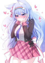  animal_ear_fluff animal_ears back_bow black_jacket blue_eyes blue_hair blue_necktie blush bow breasts closed_mouth commentary_request commission cowboy_shot female fox_ears fox_girl fox_tail furrowed_brow hair_ribbon hands_on_own_cheeks hands_on_own_face heart high-waist_skirt highres honyang jacket long_bangs long_hair looking_down medium_breasts necktie nose_blush open_clothes open_jacket original plaid plaid_skirt pleated_skirt rainbow_hairband ribbon school_uniform shirt shirt_tucked_in simple_background skirt sleeve_cuffs solo tail wavy_mouth white_background white_bow white_shirt 