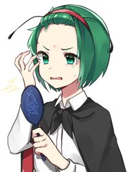  ^^^ antennae bangs_pinned_back black_cape cape commentary female forehead gloom_(expression) green_eyes green_hair hairband hand_up highres katsuobushi_(eba_games) long_sleeves mirror open_mouth pimple red_hairband shirt short_hair simple_background solo surprised sweatdrop touhou upper_body white_background white_shirt wing_collar wriggle_nightbug 