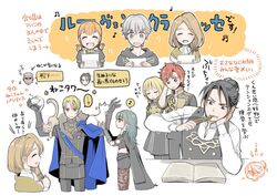  4girls 5boys animal_on_shoulder annette_fantine_dominic ashe_ubert black_cape black_hair blonde_hair blue_cape blue_eyes blue_hair book bow byleth_(female)_(fire_emblem) byleth_(fire_emblem) cape cat_on_shoulder closed_eyes closed_mouth commentary dedue_molinaro dimitri_alexandre_blaiddyd feline felix_hugo_fraldarius fire_emblem fire_emblem:_three_houses food freckles from_side garreg_mach_monastery_uniform grey_hair hairbow hira_(otemoto84) holding holding_paper hood hood_down ingrid_brandl_galatea jerky long_hair long_sleeves low_ponytail medium_hair mercedes_von_martritz multiple_boys multiple_girls open_book open_mouth orange_hair pantyhose paper red_hair short_hair sylvain_jose_gautier translated twintails uniform 