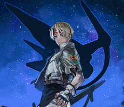  1boy blonde_hair blue_eyes claude_c._kenny cropped_jacket fingerless_gloves gloves headband highres kajimoto_yukihiro looking_at_viewer male_focus official_art red_headband short_hair short_sleeves sky solo star_(sky) star_ocean starry_sky 