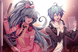  1boy ahoge blue_eyes blue_hair bow closed_eyes collarbone commentary dotted_line drawstring drum drumsticks female hair_ornament hairbow hairclip hands_up hatsune_miku headphones headphones_around_neck highres holding holding_drumsticks holding_paper holding_pen hood hoodie instrument jacket kaito_(vocaloid) kazenemuri lipstick long_hair looking_at_another makeup necktie ooedo_julia_night_(vocaloid) open_mouth paper pen photoshop_(medium) pink_bow pink_jacket project_diva_(series) ribbon_girl_(module) school_uniform_parka_(module) skirt smile sparkle spotlight striped striped_necktie very_long_hair vocaloid white_hoodie 